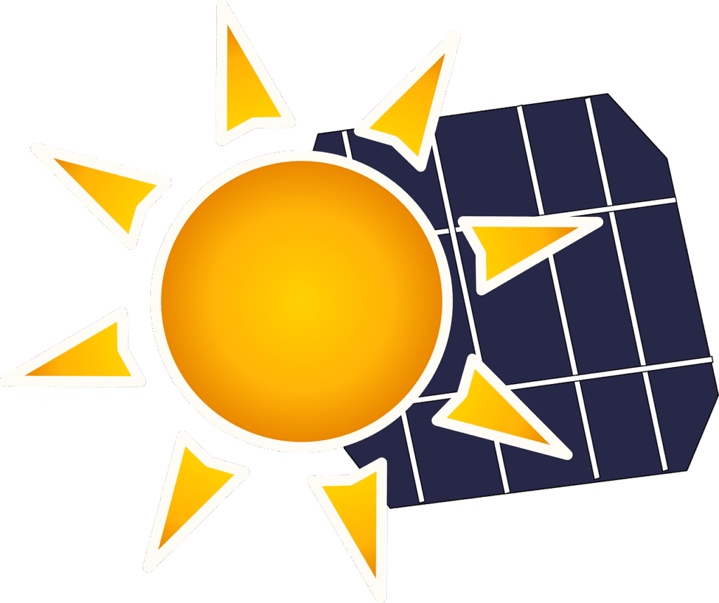 Sun and solar panel icon representing renewable energy solutions.
