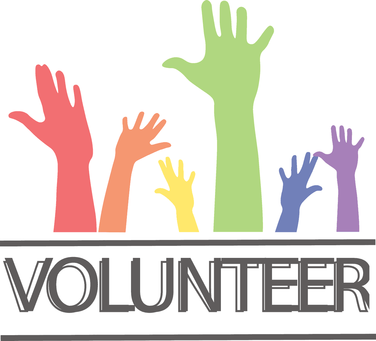 Volunteer hands raised in support and community engagement.